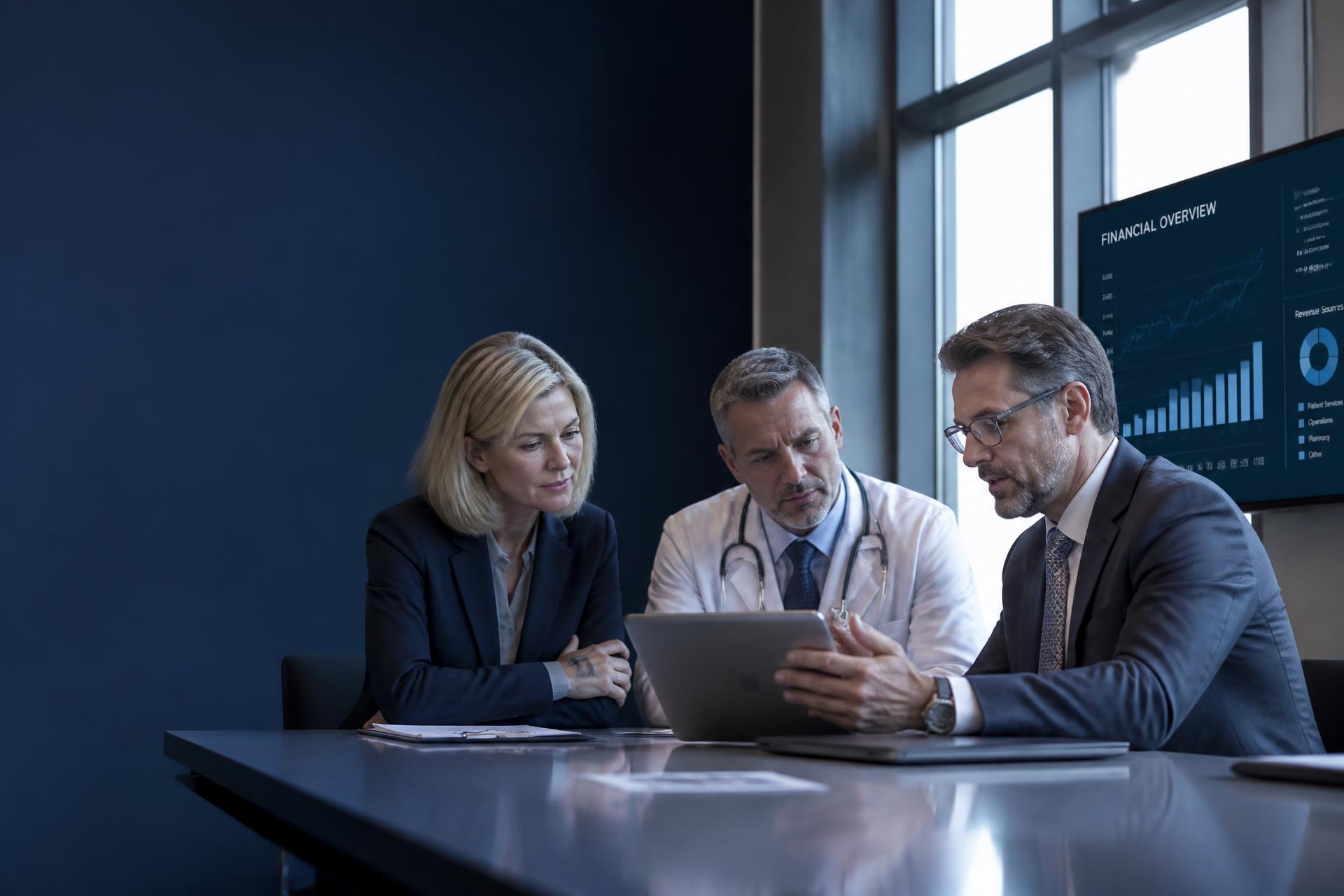 Healthcare executives and a financial consultant reviewing practice performance in a boardroom