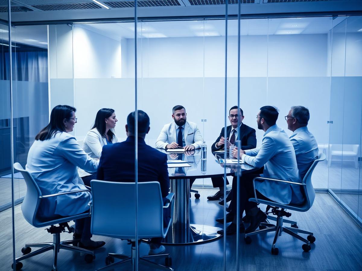 Physician group leadership team meeting with financial advisors in a glass conference room